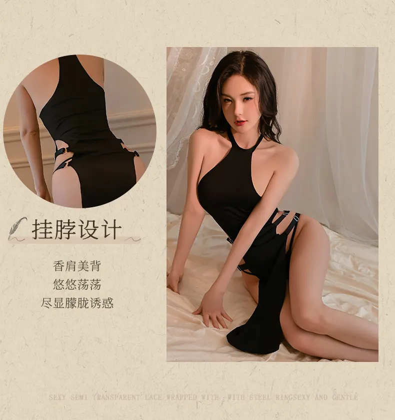 Ice Silk High Slit Dress (Black) (TY14) - Sexy Lingerie available in the UAE view 7