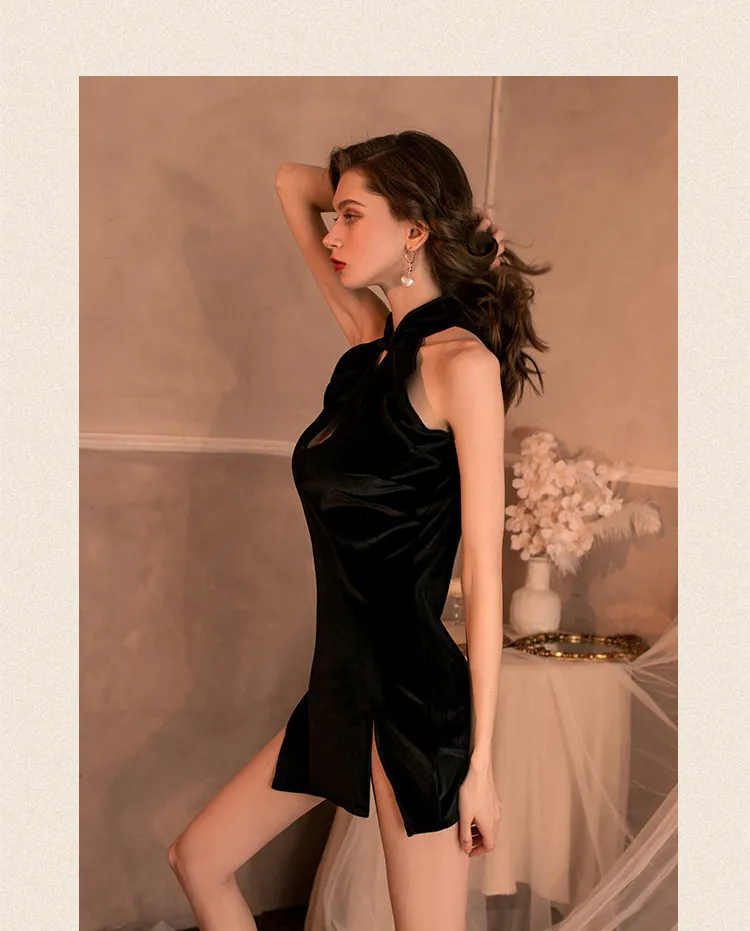 Vintage Velvet Cheongsam Dress (Black) (TY08/B) - Sexy Lingerie available in the UAE view 4